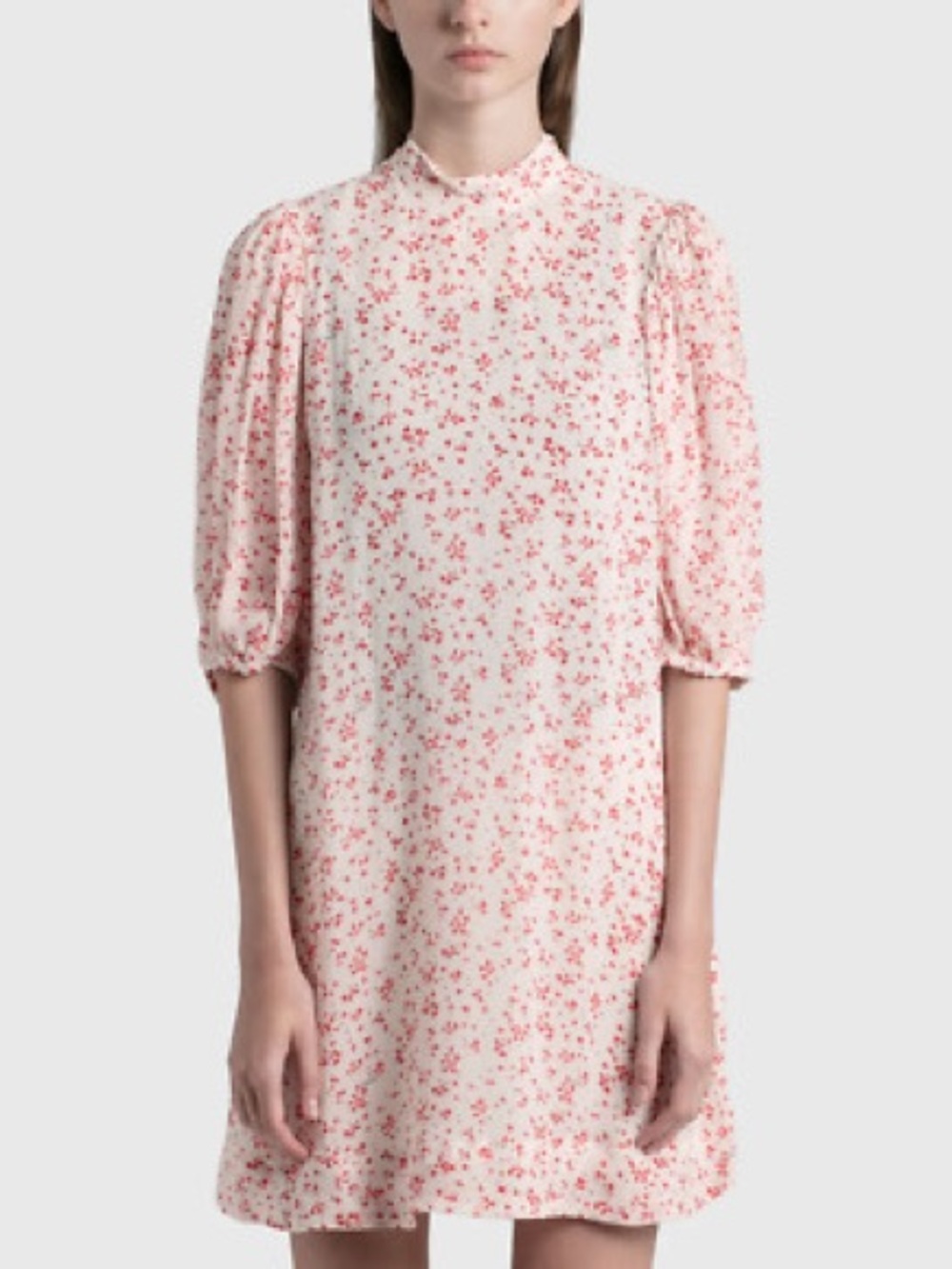 Ganni Pink White Georgette Floral Puff Sleeve Mini Shift Dress EU 32 XXS